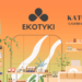 Grafika promująca targi kosmetyków naturalnych EKOTYKI w Katowicach. Na pomarańczowo żółtym tle widać kobietę stojącą na stanowisku z kosmetykami.